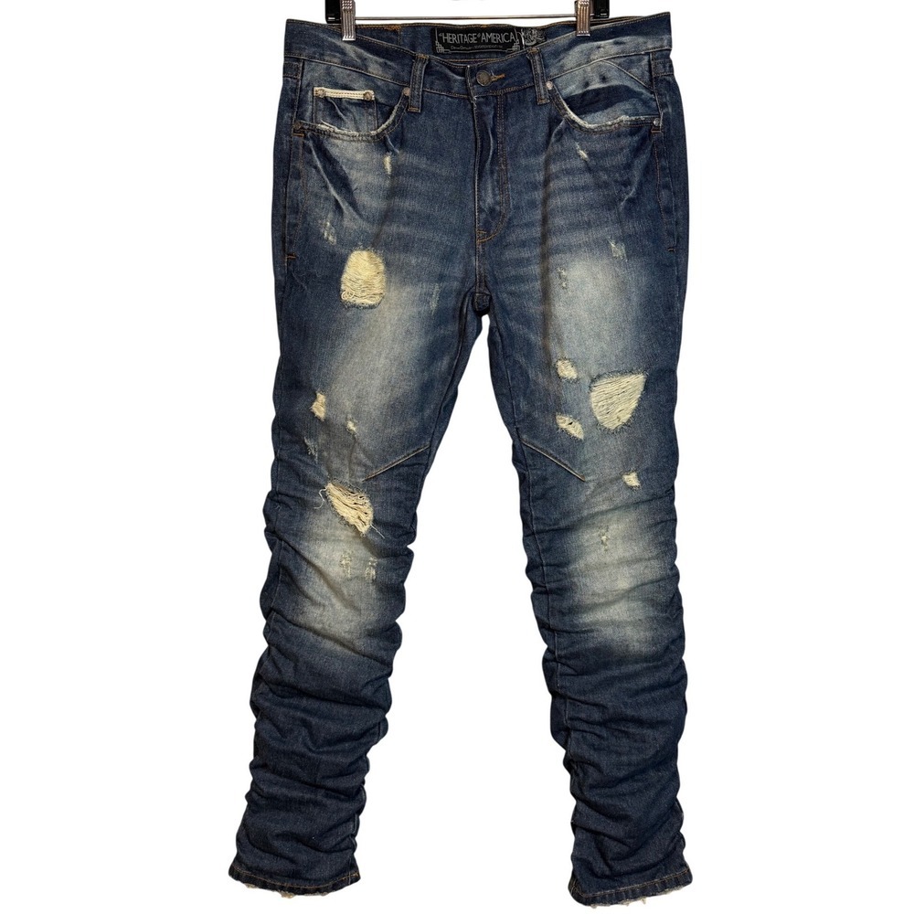 HERITAGE AMERICA Men's Heavy Distressed Moto Jeans, Stacked Leg Detail, 38 X 34